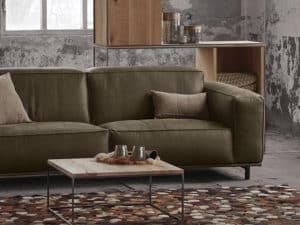 Grijze velvet bank in een industrieel en rustig interieur met een groot vloerkleed.