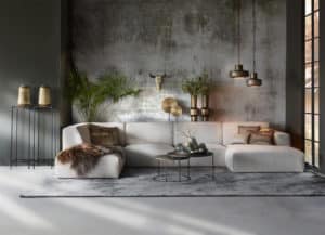 Hoekbank Elise Square : U bank in een boucle stof, kleur naturel.