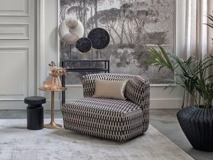 Lauren armchair upholstered in Fiore 06 fabric with burgundy and beige tones, available at Room 108