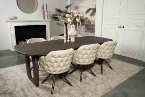 Dark wood Bordeaux dining table with matching wooden legs, available at Room 108
