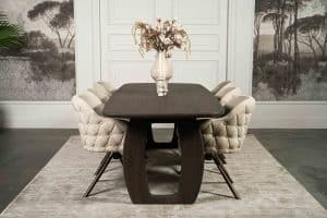 Dark wood Bordeaux dining table with matching wooden legs, available at Room 108