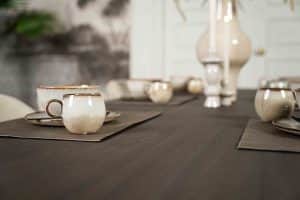 Dark wood Bordeaux dining table with matching wooden legs, available at Room 108