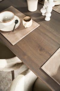 Dark wood Bordeaux dining table with matching wooden legs, available at Room 108